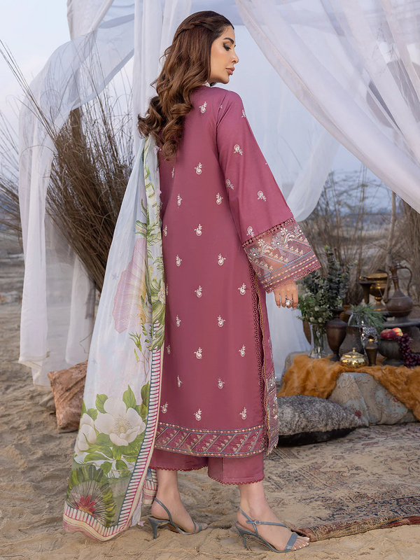 IZEL-3PC DHANAK EMBROIDERED SHIRT WITH COUTRAI PRINTED SHAWL AND TROUSER-BIC - 4051