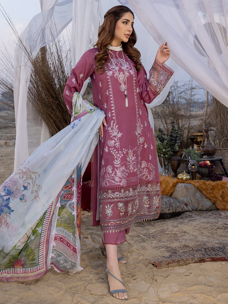 IZEL-3PC DHANAK EMBROIDERED SHIRT WITH COUTRAI PRINTED SHAWL AND TROUSER-BIC - 4051
