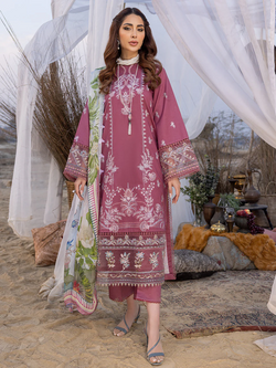 IZEL-3PC DHANAK EMBROIDERED SHIRT WITH COUTRAI PRINTED SHAWL AND TROUSER-BIC - 4051