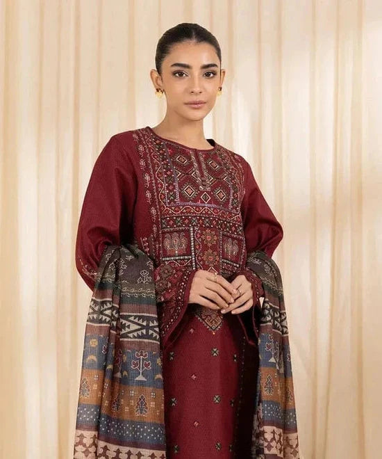 SAPPHIRE-3PC DHANAK EMBROIDERED SHIRT WITH COURTRAI PRINTED SHAWL AND TROUSER-BIC - 14065