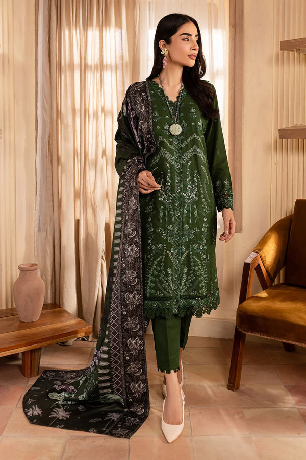 NUREH-3PC DHANAK EMBROIDERED SHIRT WITH COURTRAI PRINTED SHAWL &amp; TROUSER-BIC-14324