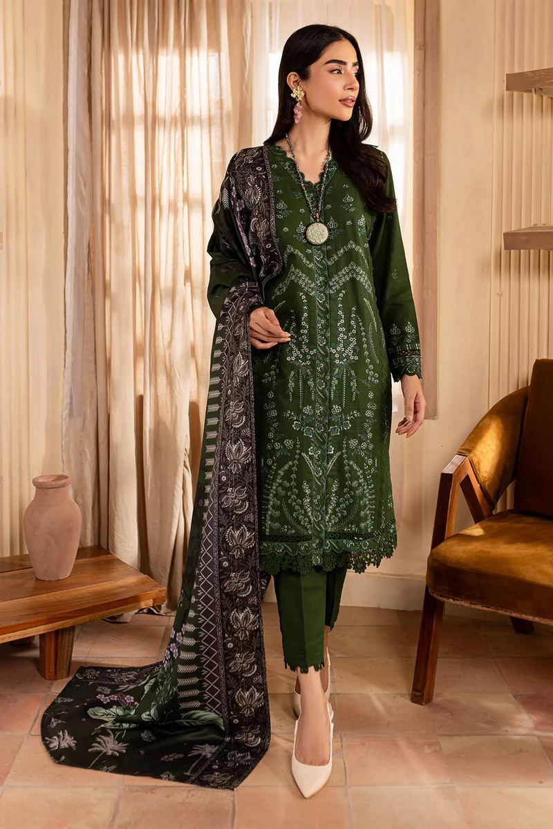 NUREH-3PC DHANAK EMBROIDERED SHIRT WITH COURTRAI PRINTED SHAWL &amp; TROUSER-BIC-14324