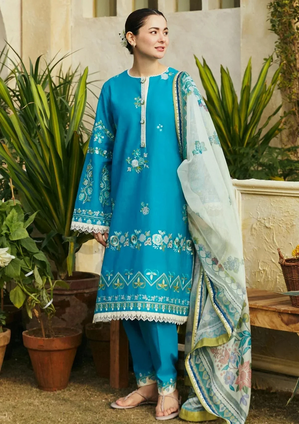 ZARA SHAHJAHAN - UNSTITCHED 3PC LAWN EMBROIDERED SHIRT WITH MONARK PRINT DUPATTA & EMB TROUSER - 2820-B