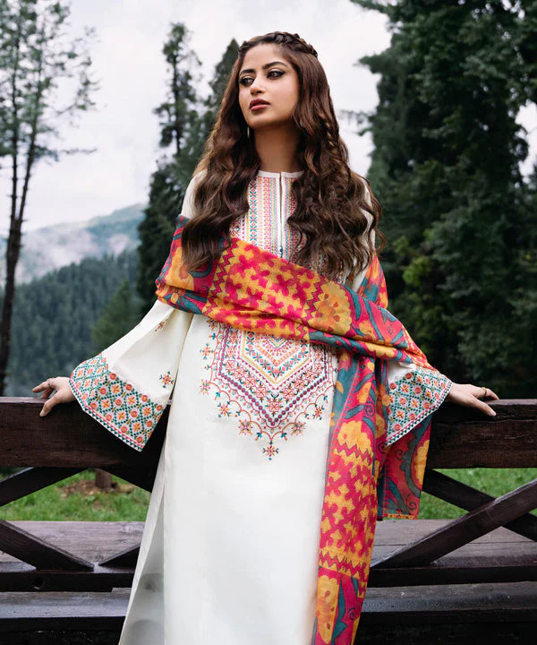 SAPPHIRE- 3PC DHANAK EMBROIDERED SHIRT WITH WOOL PRINT SHAWL AND TROUSER - 4006