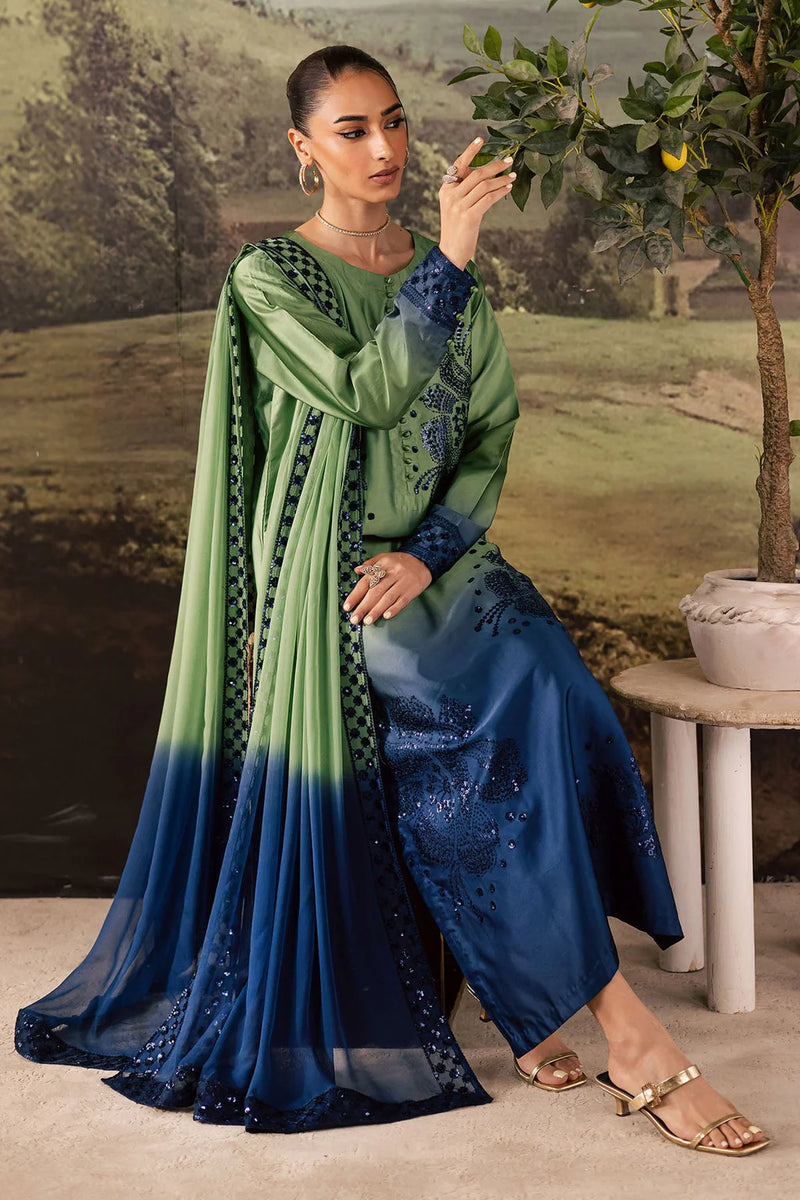 NUREH-3PC SHAMOZE SILK UNSTITCEHD PRINTED EMBROIDERED SHIRT WITH SOFT SILK PRINTED EMB DUPATTA & TROUSER BIC-11736