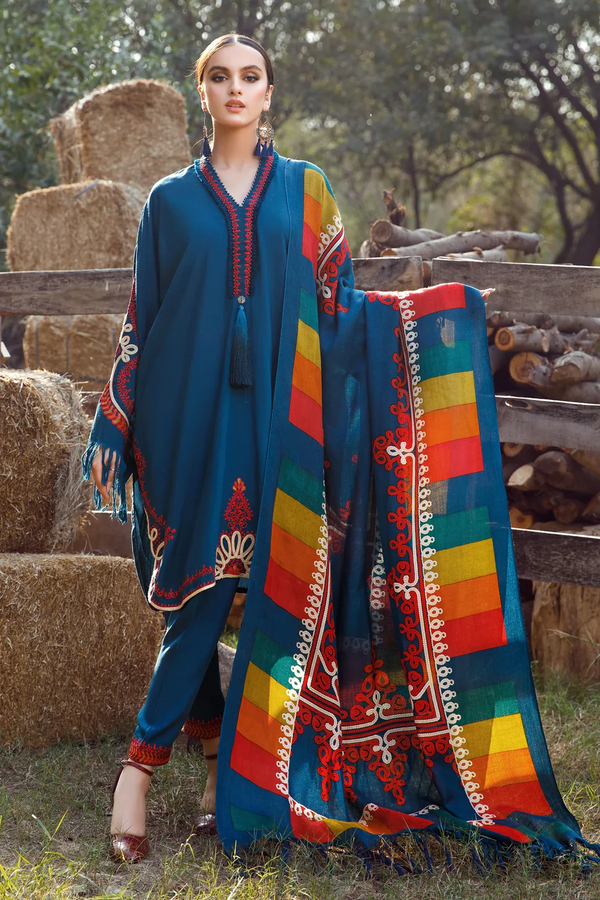 MARIA B - 3PC UNSTITCHED KHADAR HEAVY EMBROIDERED WITH COUTURE PRINT SHAWL-3103
