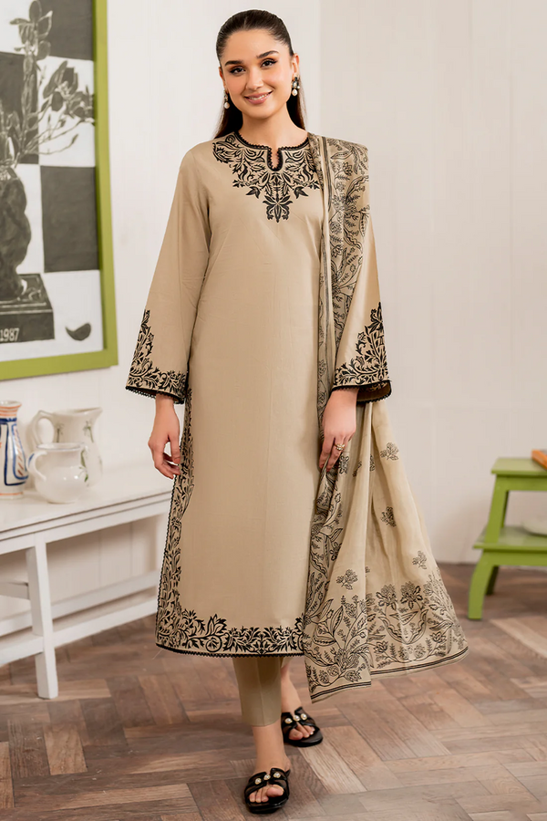 GARNET-3PC UNSTITCHED DHANAK EMBROIDERED COUTURE SHAWL- 3155