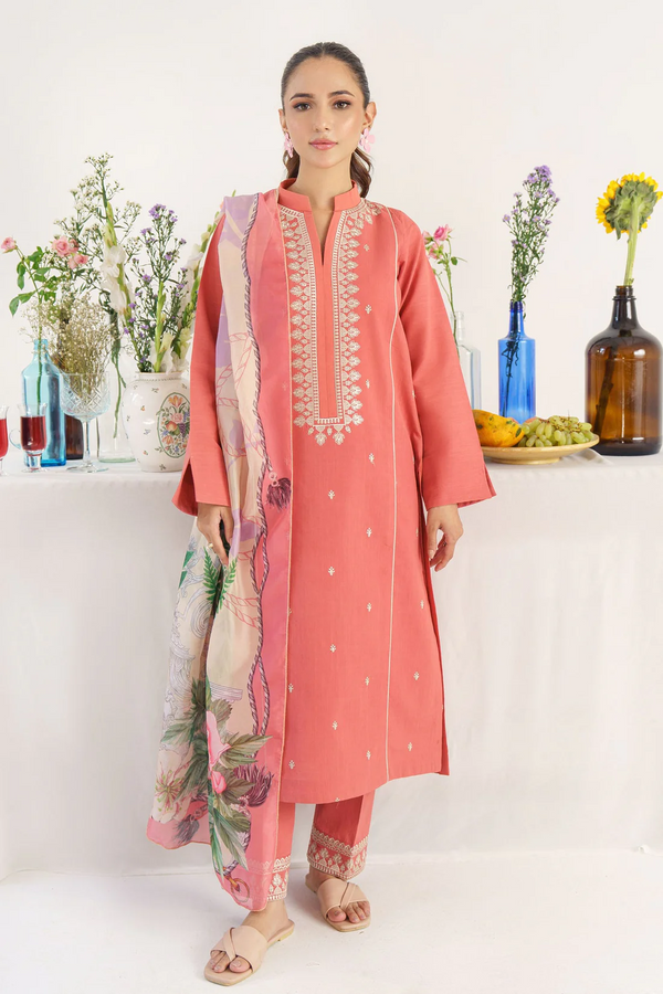 HANA- 3PC UNSTITCHED KHADDAR EMBROIDERED SHIRT WITH COUTURE PRINT SHAWL- 3167