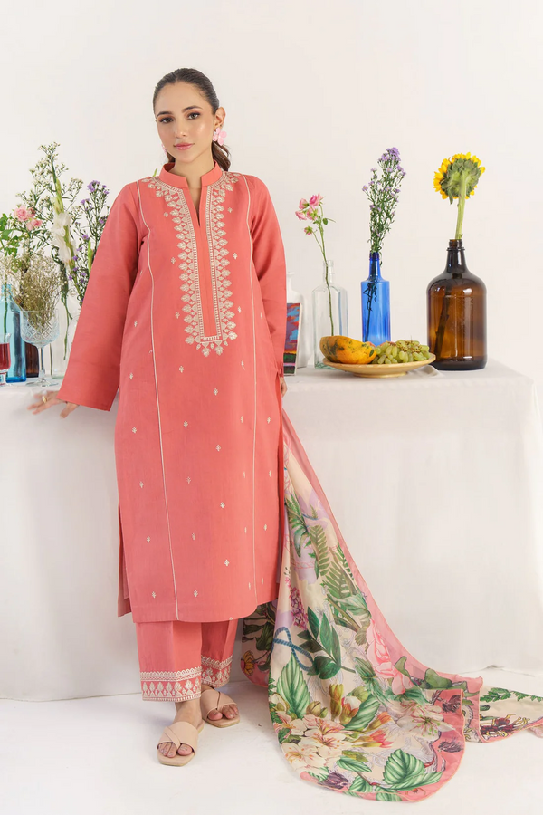 HANA- 3PC UNSTITCHED KHADDAR EMBROIDERED SHIRT WITH COUTURE PRINT SHAWL- 3167