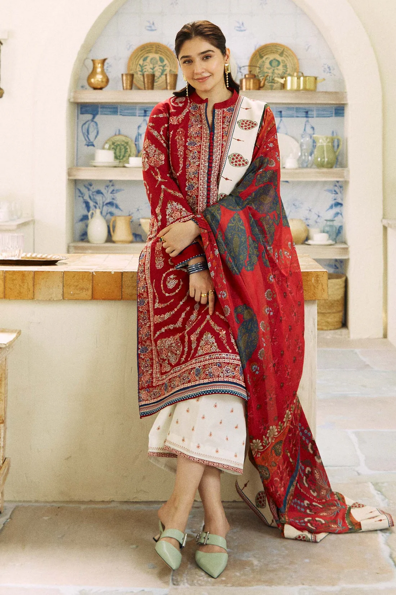 ZARA SHAHJAHAN - UNSTITCHED 3PC LAWN EMBROIDERED SHIRT WITH MONARK PRINT DUPATTA AND EMB TROUSER-3521