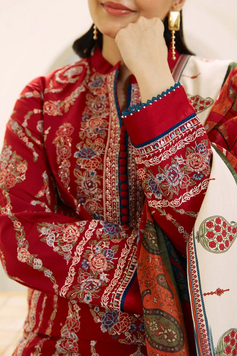 ZARA SHAHJAHAN - UNSTITCHED 3PC LAWN EMBROIDERED SHIRT WITH MONARK PRINT DUPATTA AND EMB TROUSER-3521