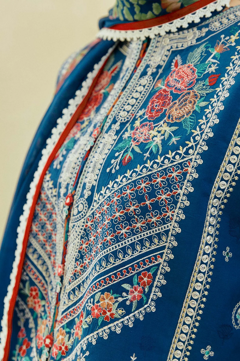 ZARA SHAHJAHAN - UNSTITCHED 3PC LAWN EMBROIDERED SHIRT WITH MONARK PRINT DUPATTA & EMB TROUSER-3552
