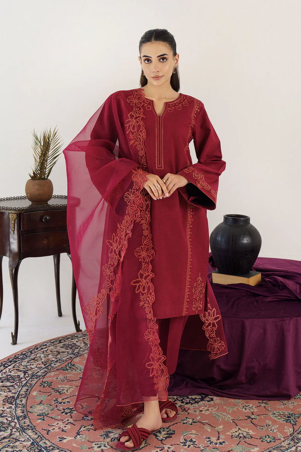 HANA- 3PC UNSTITCHED KHADDAR EMBROIDERED WITH ORGANZA EMBROIDRED DUPATTA AND TROUSER - 3195