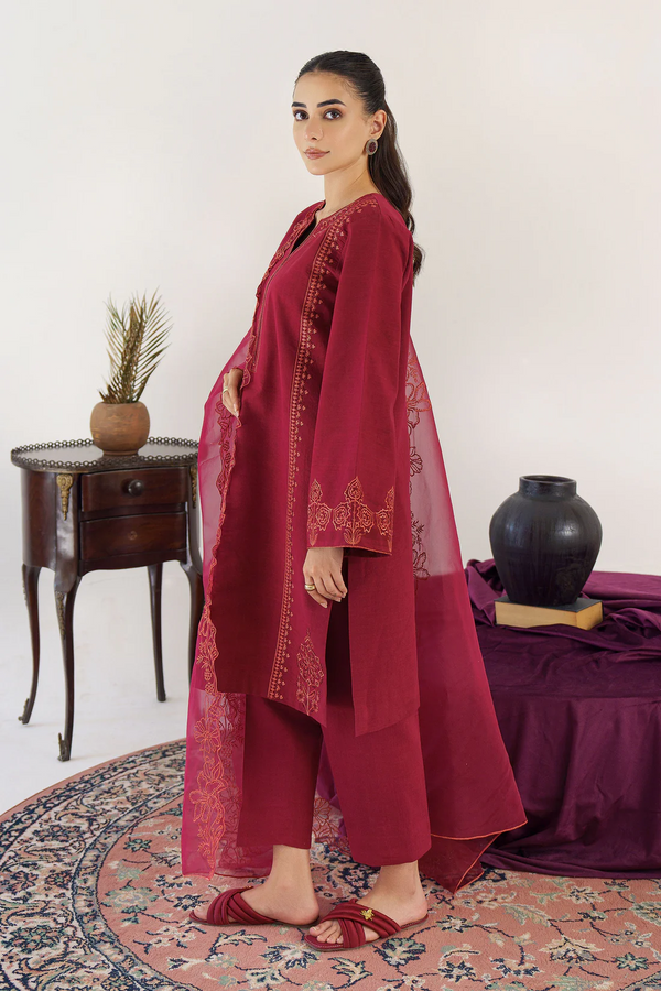 HANA- 3PC UNSTITCHED KHADDAR EMBROIDERED WITH ORGANZA EMBROIDRED DUPATTA AND TROUSER - 3195