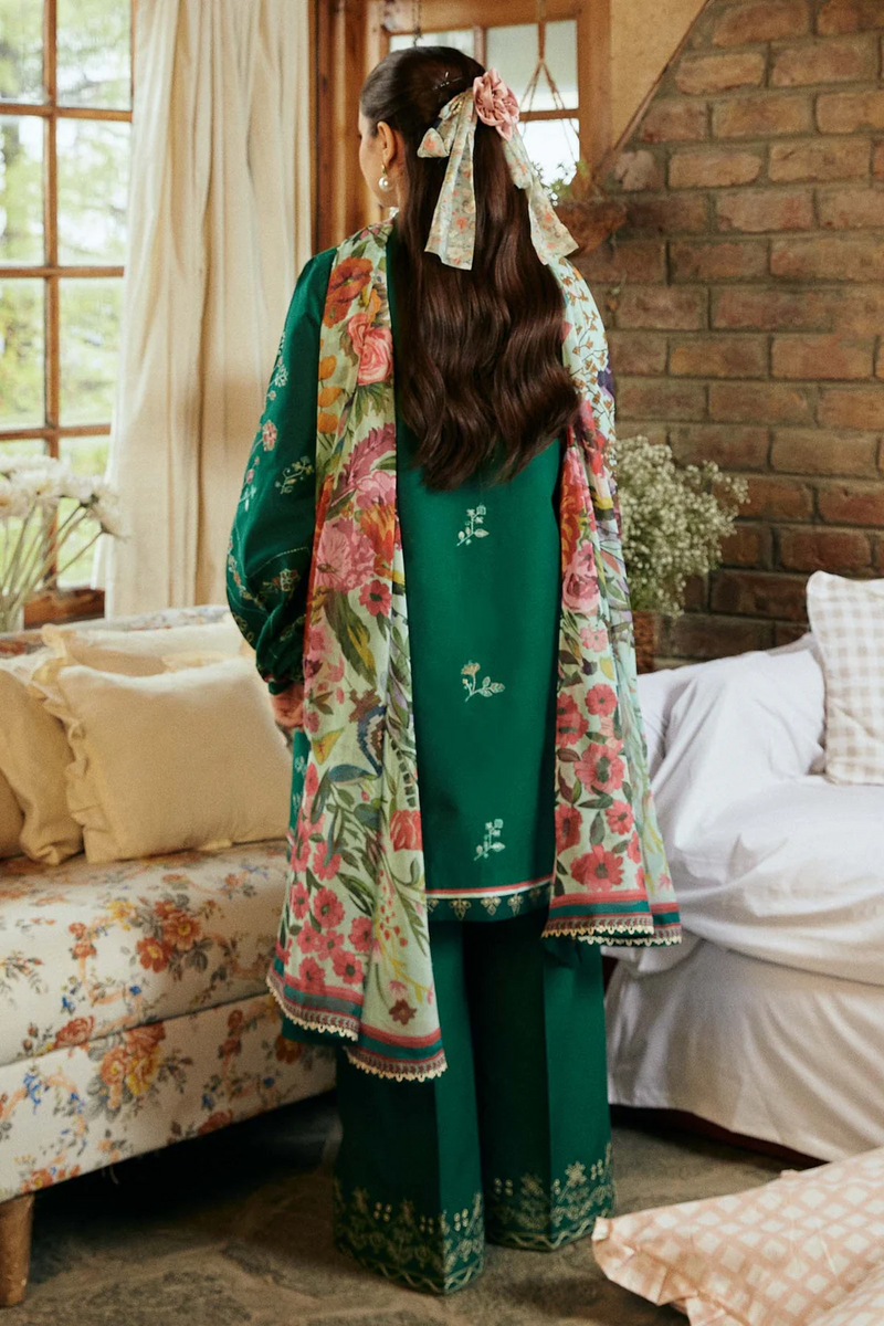 ZARA SHAHJAHAN - 3PC DHANAK EMBROIDERED SHIRT WITH COUTRAI PRINTED SHAWL & EMB TROUSER - 4111