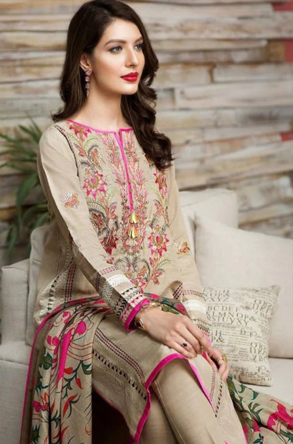 KHAADI - UNSTITCHED 3PC KHADDAR EMBROIDRED SHIRT WITH COUTURE PRINT SHAWL-3217