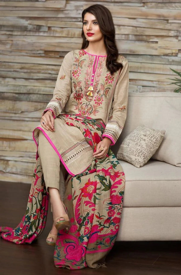 KHAADI - UNSTITCHED 3PC KHADDAR EMBROIDRED SHIRT WITH COUTURE PRINT SHAWL-3217