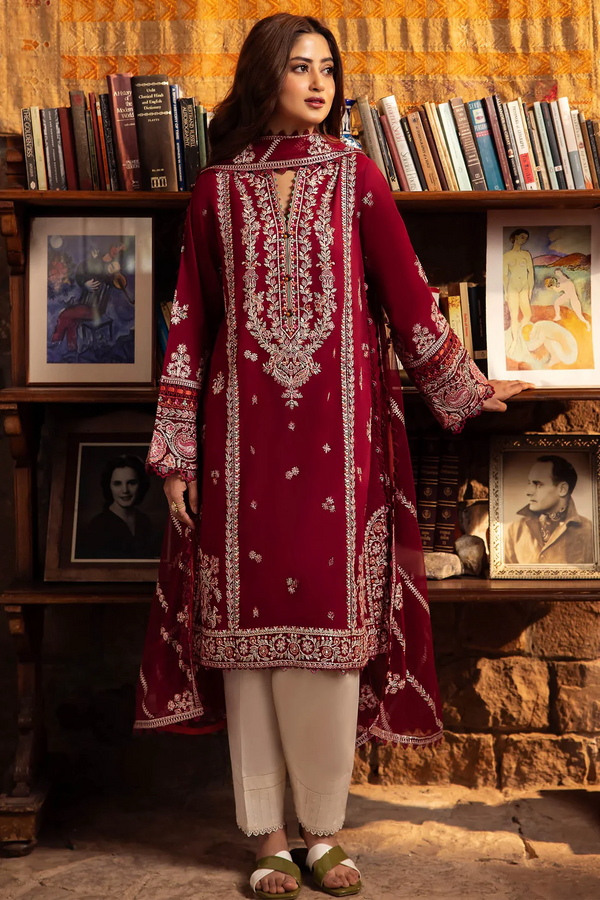 ZAHA- 3PC UNSTITCHED DHANAK EMBROIDERED WITH BAMBER CHIFFON EMBROIDRED DUPATTA-3227