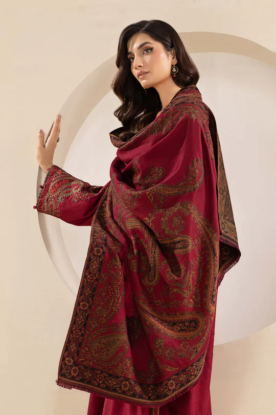 MARIA B 3PC KHADDAR EMBROIDRED SHIRT WITH WOOL PRINT SHAWL AND TROUSER-BIC-3268 B