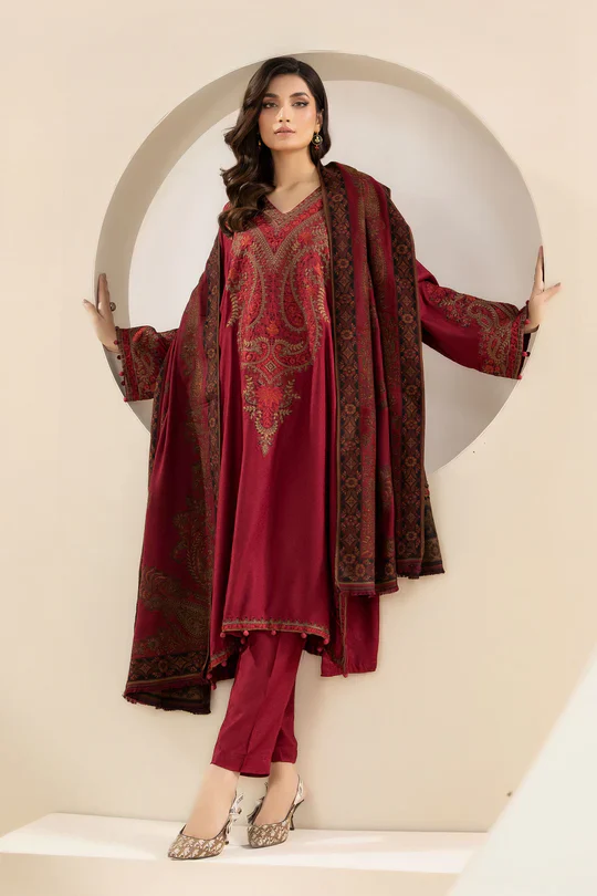 MARIA B 3PC KHADDAR EMBROIDRED SHIRT WITH WOOL PRINT SHAWL AND TROUSER-BIC-3268 B