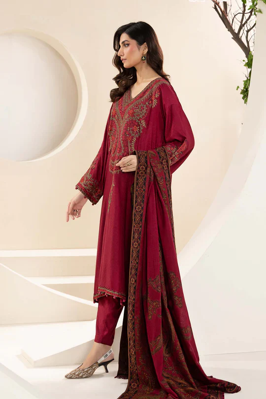 MARIA B 3PC KHADDAR EMBROIDRED SHIRT WITH WOOL PRINT SHAWL AND TROUSER-BIC-3268 B