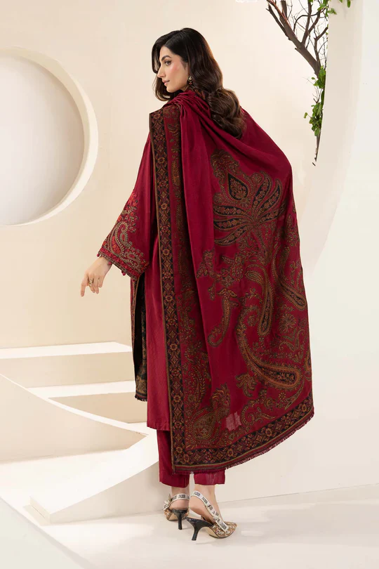 MARIA B 3PC KHADDAR EMBROIDRED SHIRT WITH WOOL PRINT SHAWL AND TROUSER-BIC-3268 B