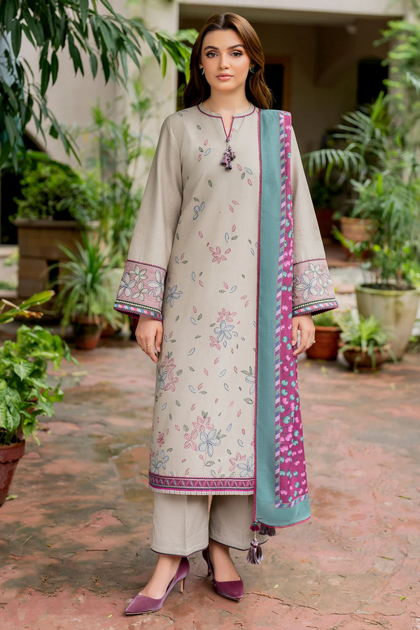 JAZMIN 3PC UNSTITCHED DHANAK EMBROIDRED SHIRT WITH PRINT SHAWL AND TROUSER-3281