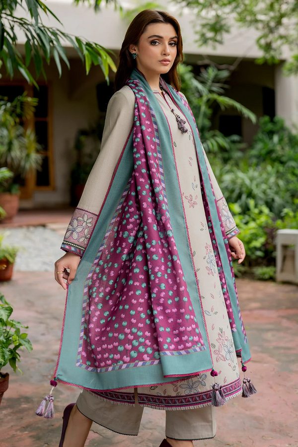 JAZMIN 3PC UNSTITCHED DHANAK EMBROIDRED SHIRT WITH PRINT SHAWL AND TROUSER-3281
