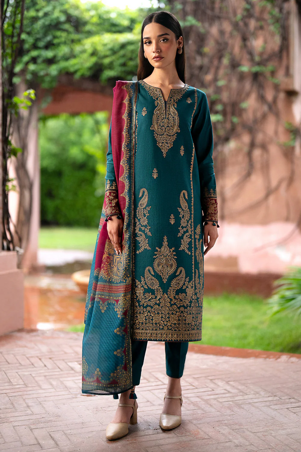 JAZMIN UNSTICHED 3PC DHANAK EMBROIDERED SHIRT WITH PRINT SHAWL AND TROUSER-3305-A