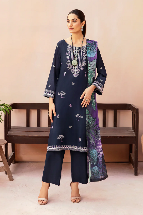 AFSANAH - 3PC UNSTICHED DHANAK EMBROIDERED SHIRT WITH COUTURE PRINTED SHAWL & TROUSER-3323