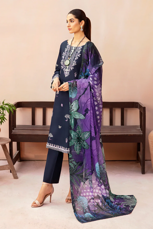 AFSANAH - 3PC UNSTICHED DHANAK EMBROIDERED SHIRT WITH COUTURE PRINTED SHAWL & TROUSER-3323