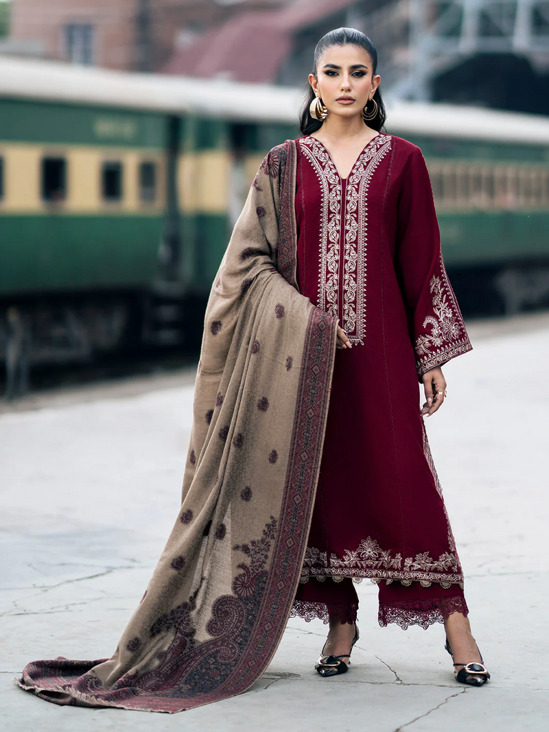 IZEL-3PC UNSTITCHED DHANAK EMBROIDERED WITH COUTURE PRINT SHAWL-3332