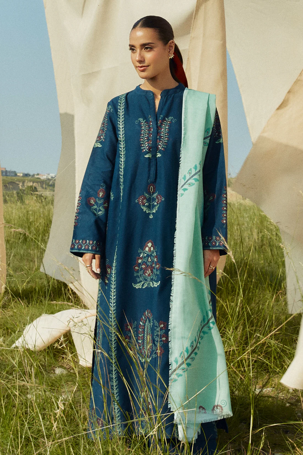 ZARA SHAHJAHAN - 3PC UNSTITCHED KHADDAR EMBROIDERED WITH WOOL SHAWL - 3337-A