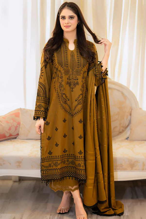 LIBAAS-3PC UNSTITCHED EMBROIDERED DHANAK  WITH EMBROIDERED DHANAK  SHAWL & TROUSER-3386