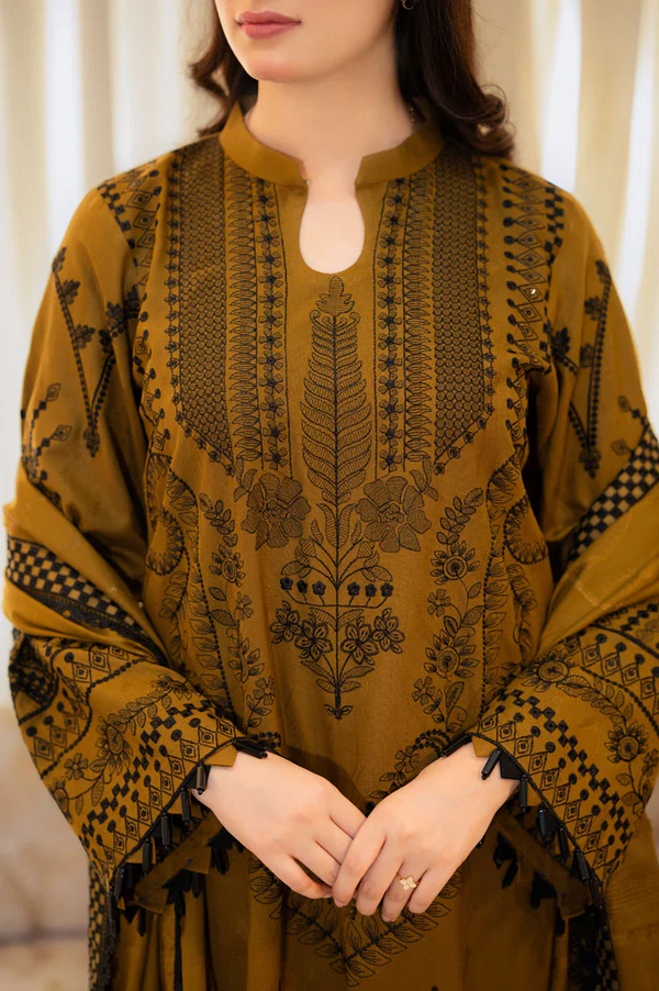 LIBAAS-3PC UNSTITCHED EMBROIDERED DHANAK  WITH EMBROIDERED DHANAK  SHAWL & TROUSER-3386