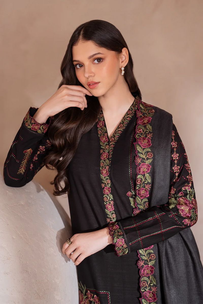 IZNIK 3PC DHANAK EMBROIDERED SHIRT WITH CHIFFON EMBROIDERED SHAWL & TROUSER-BIC - 4134