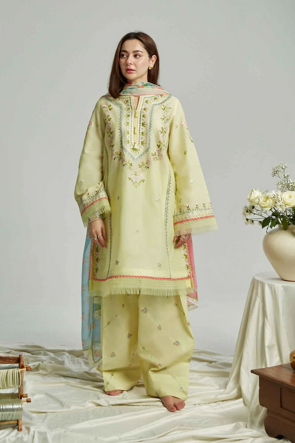 ZARA SHAHJAHAN - UNSTITCHED 3PC LAWN EMBROIDERED SHIRT WITH MONARK PRINT DUPATTA & EMB TROUSER-3519