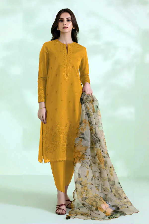 SAPPHIRE - UNSTITCHED 3PC LAWN EMBROIDERED SHIRT WITH MONARK PRINT DUPATTA - 3526 MASTARD