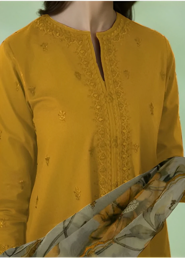 SAPPHIRE - UNSTITCHED 3PC LAWN EMBROIDERED SHIRT WITH MONARK PRINT DUPATTA - 3526 MASTARD