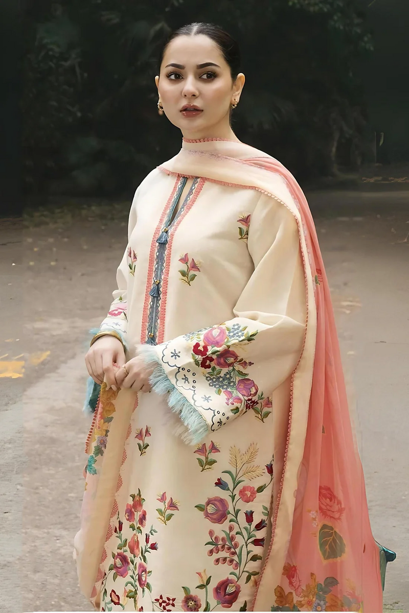 ZARA SHAHJAHAN - UNSTITCHED 3PC LAWN EMBROIDERED SHIRT WITH MONARK PRINT DUPATTA - 3529