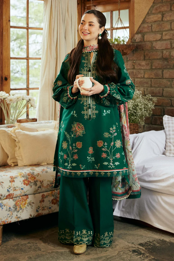 ZARA SHAHJAHAN - UNSTITCHED 3PC LAWN EMBROIDERED SHIRT WITH MONARK PRINT DUPATTA & EMBROIDERED TROUSER - 3545