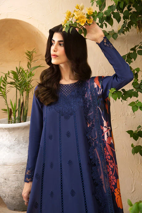 AZURE - UNSTITCHED 3PC LAWN EMBROIDERED SHIRT WITH MONARK PRINT DUPATTA AND TROUSER-3547