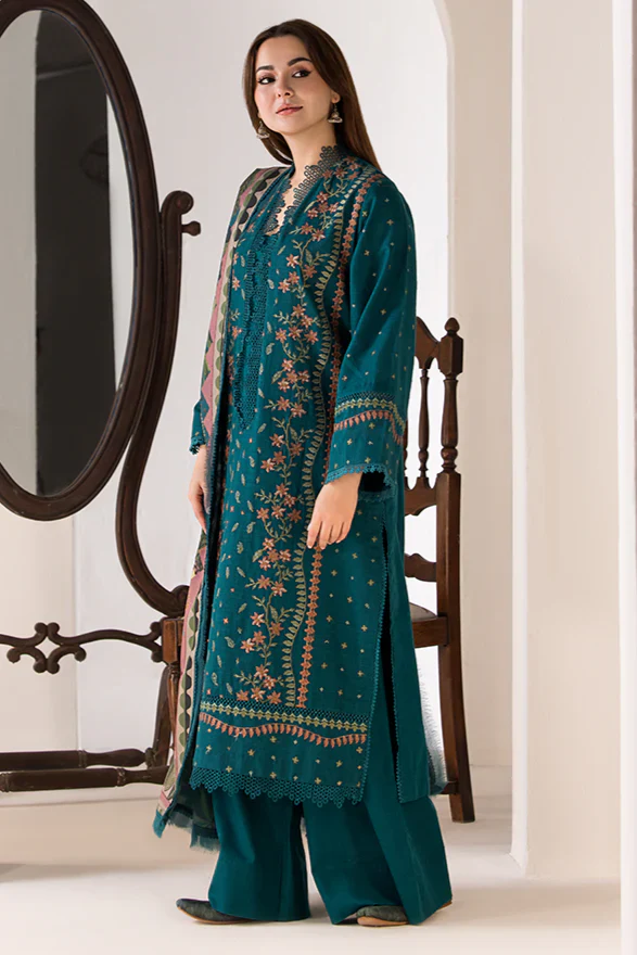 SOBIA NAZIR- UNSTITCHED 3PC LAWN EMBROIDERED SHIRT WITH MONARK PRINTED DUPATTA AND TROUSER-3569