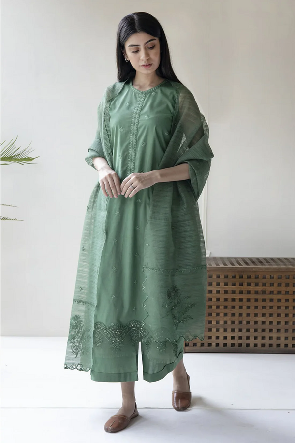 DYOT - 3PC UNSTITCHED LAWN EMBROIDERED SHIRT WITH ORGANZA EMBROIDERED DUPPATTA & TROUSER - 3615
