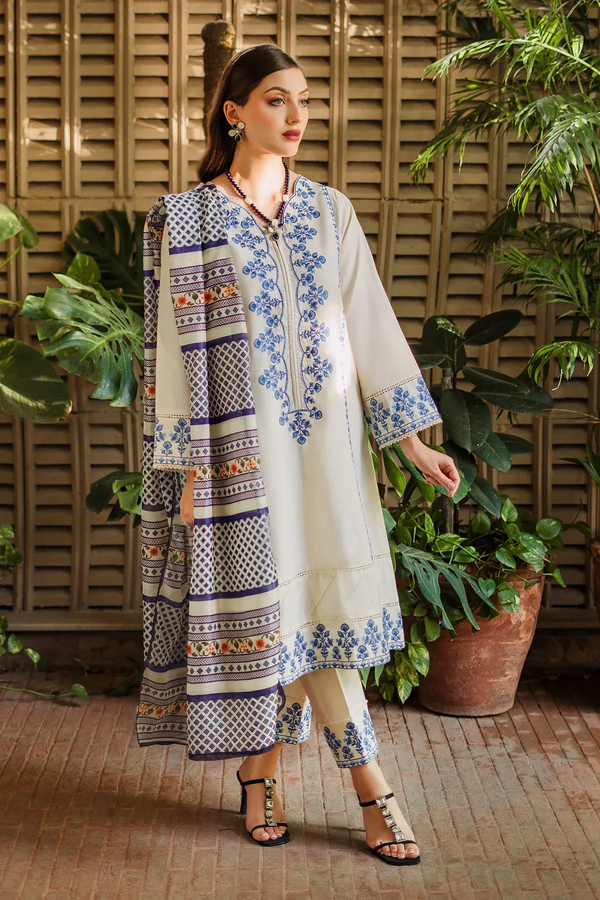 ZIVA- 3PC UNSTITCHED LAWN EMBROIDERED SHIRT WITH MONARK PRINTED DUPATTA & EMB TROUSER-3622