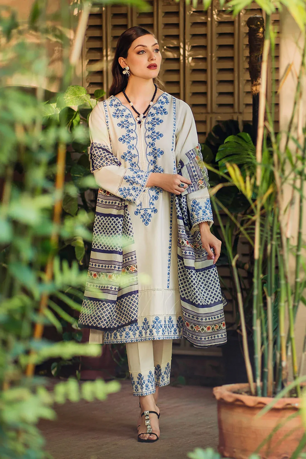 ZIVA- 3PC UNSTITCHED LAWN EMBROIDERED SHIRT WITH MONARK PRINTED DUPATTA & EMB TROUSER-3622