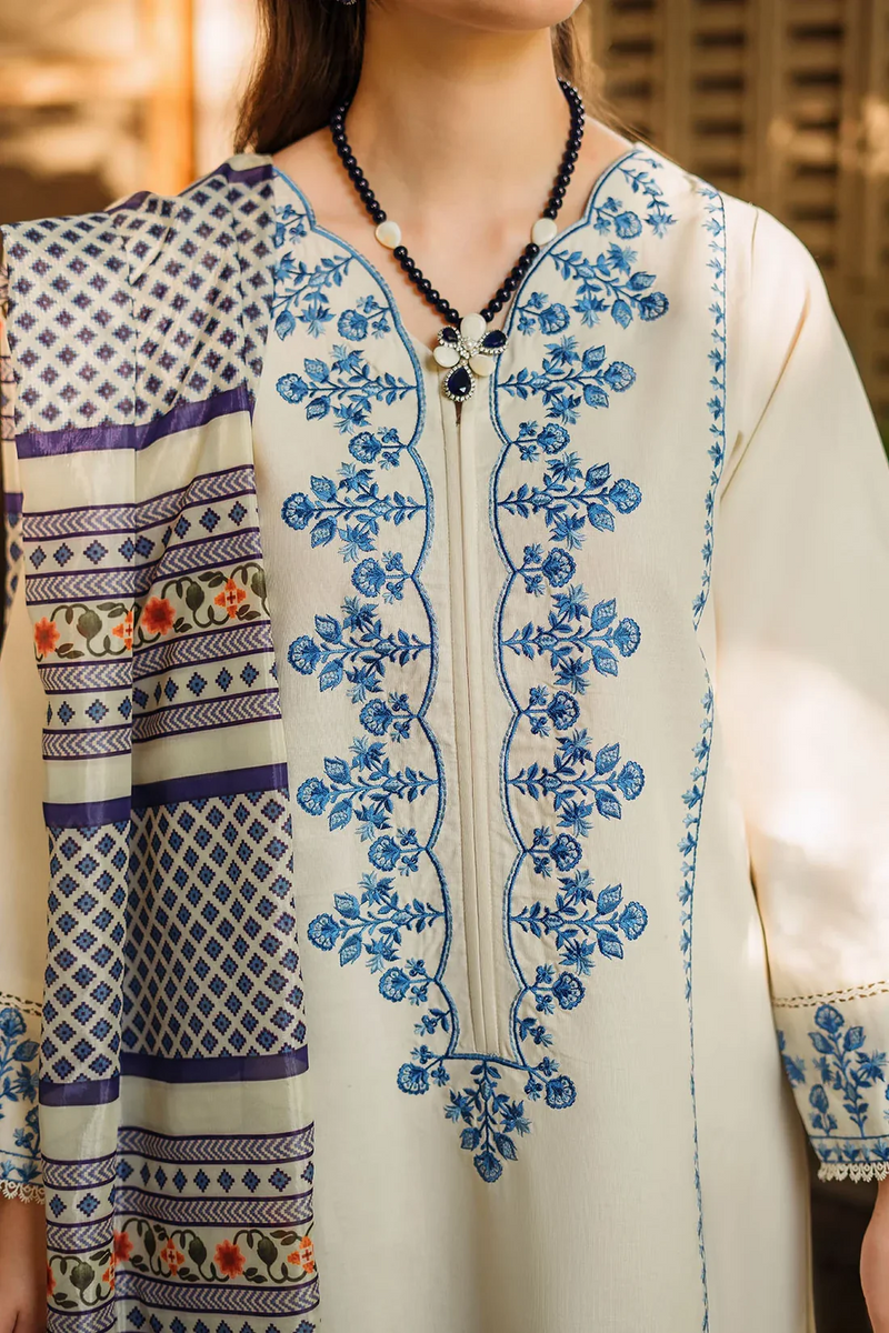 ZIVA- 3PC UNSTITCHED LAWN EMBROIDERED SHIRT WITH MONARK PRINTED DUPATTA & EMB TROUSER-3622