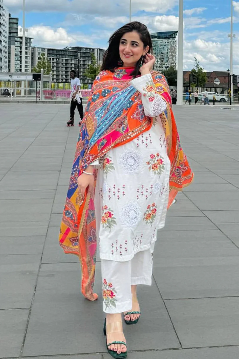 NIMRA MEHRA-3PC LAWN EMBROIDERED SHIRT WITH MONARK PRINTED DUPATTA & EMB TROUSER-BIC-3624