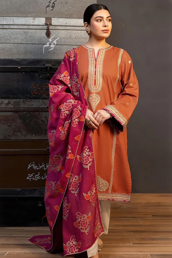 AISLING.3PC UNSTITCEHD LAWN EMBROIDERED SHIRT WITH MONARK PRINT DUPATTA AND TROUSER-3626