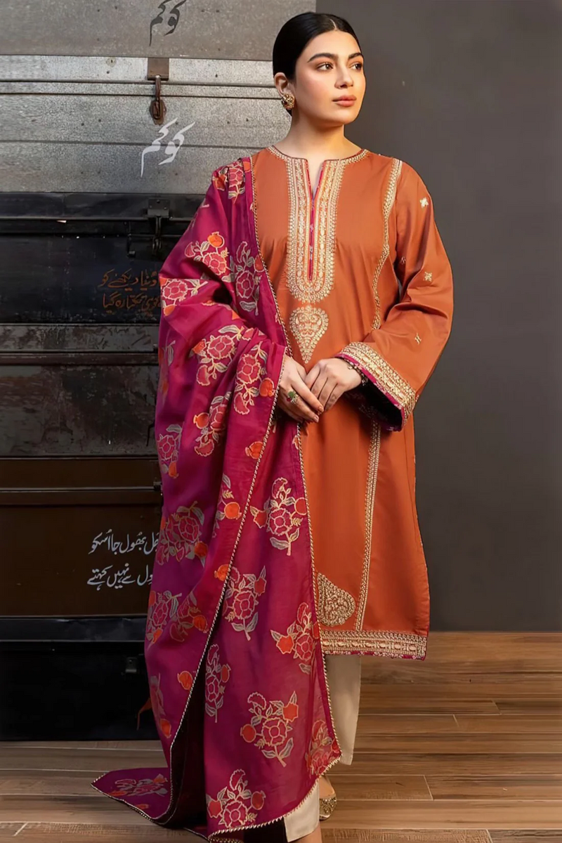 AISLING.3PC UNSTITCEHD LAWN EMBROIDERED SHIRT WITH MONARK PRINT DUPATTA AND TROUSER-3626